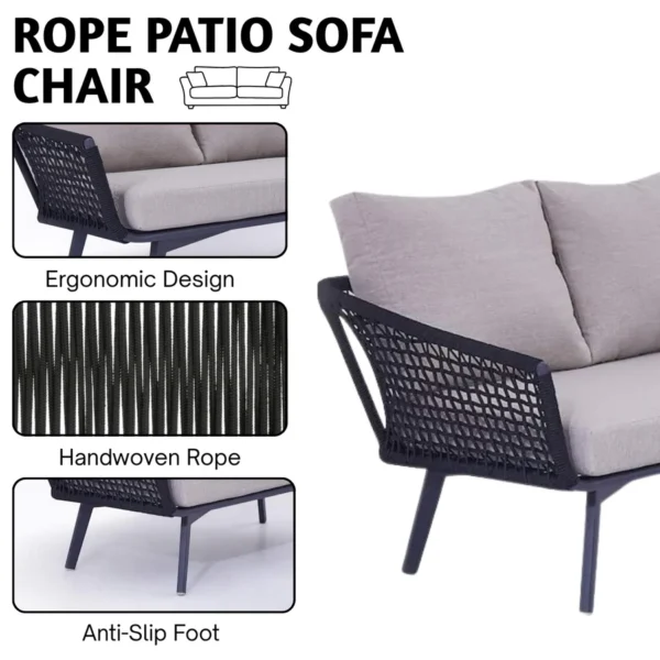 2-piece outdoor rope loveseat sofa with matching ottoman on a patio, featuring weather-resistant cushions