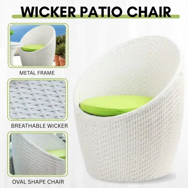 White 3-piece rattan wicker patio set with two chairs and a glass-top table on a balcony overlooking the sea.