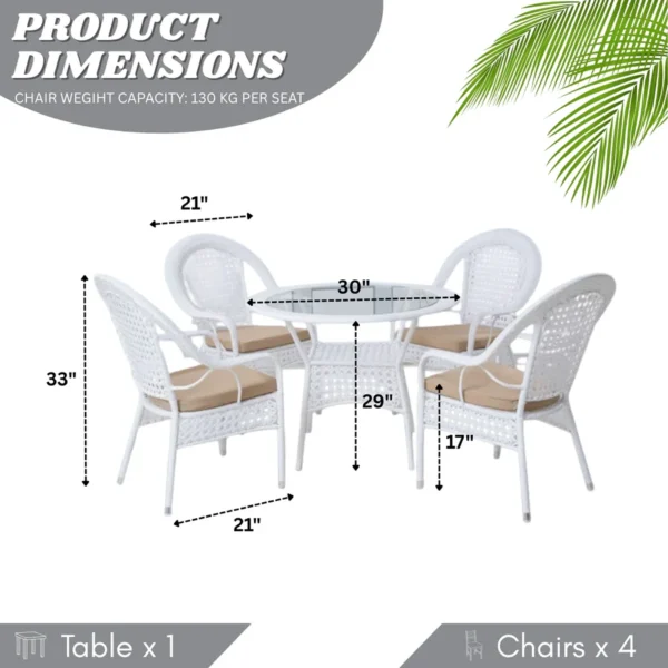 Outdoor all-weather rattan wicker 5-piece dining set with tempered glass table and cushioned chairs on patio