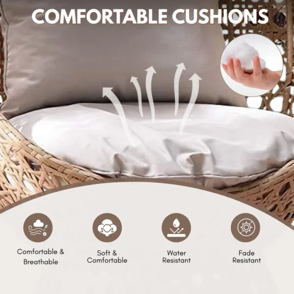 Beige rattan wicker cocoon chair with a comfortable cushion for outdoor patio or garden