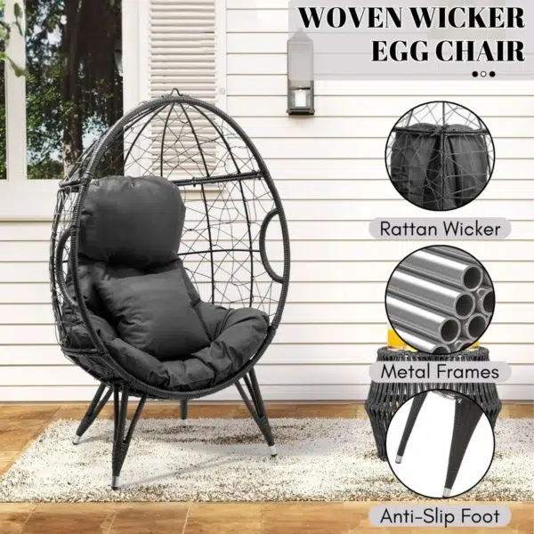 Grey outdoor egg chair with all-weather wicker, cushion included, perfect for patio or garden