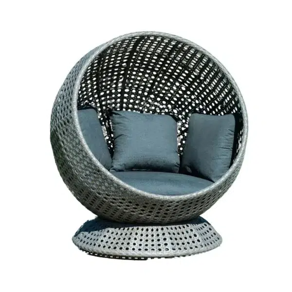 Single seater outdoor basket swing hanging on balcony with cozy cushions