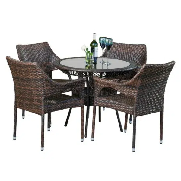 Outdoor all-weather resistant rattan wicker 5-piece dining set with cushioned chairs and glass-top table for patio or garden use