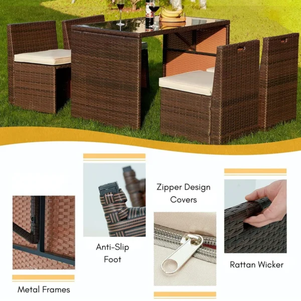 5-Piece Outdoor Patio Dining Set with square tabletop and cushioned chairs for garden, backyard, or balcony use