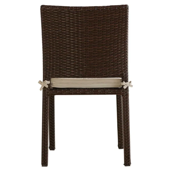 Outdoor rattan wicker patio dining chair with sturdy metal frame and comfortable cushion for garden or balcony use.