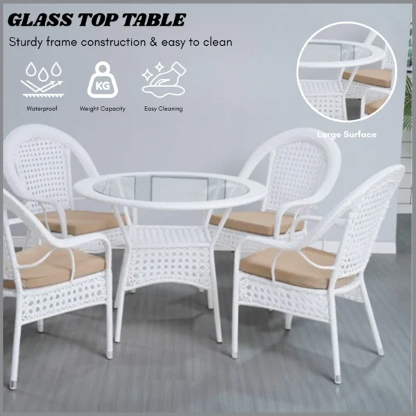 Outdoor all-weather rattan wicker 5-piece dining set with tempered glass table and cushioned chairs on patio
