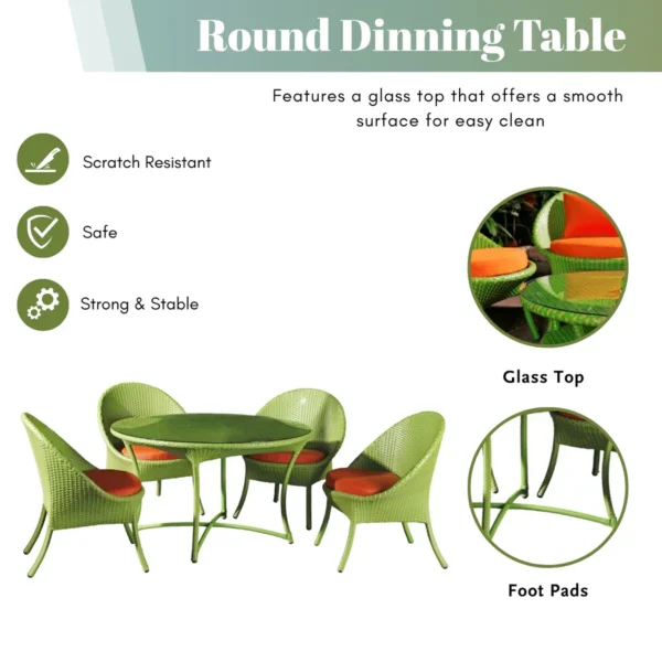 Outdoor 5-piece rattan wicker dining set with cushioned chairs and glass-top table, all-weather resistant for patio, garden, or balcony
