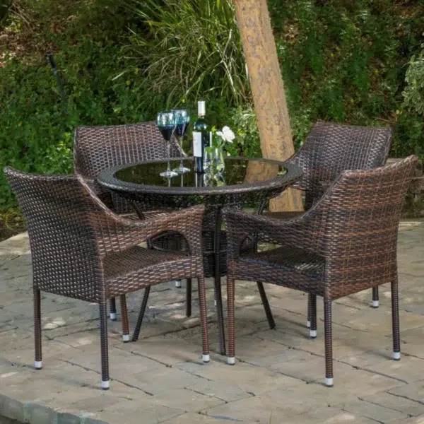 Outdoor all-weather resistant rattan wicker 5-piece dining set with cushioned chairs and glass-top table for patio or garden use