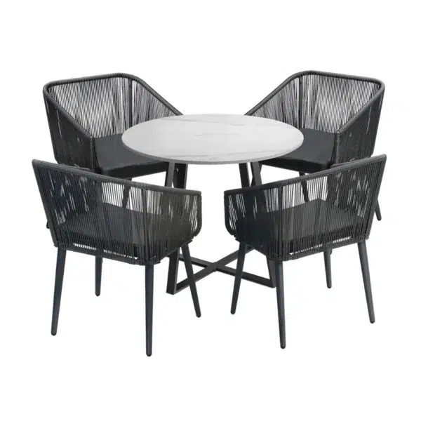 Alt Text: 5-piece outdoor patio dining set with rope chairs and marble-top table on a terrace
