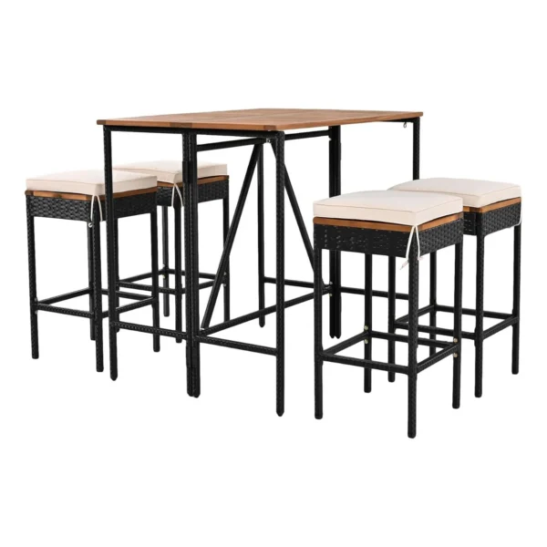 Stylish 5-piece outdoor wicker bar set with wooden top table and cushioned stools on a wooden deck