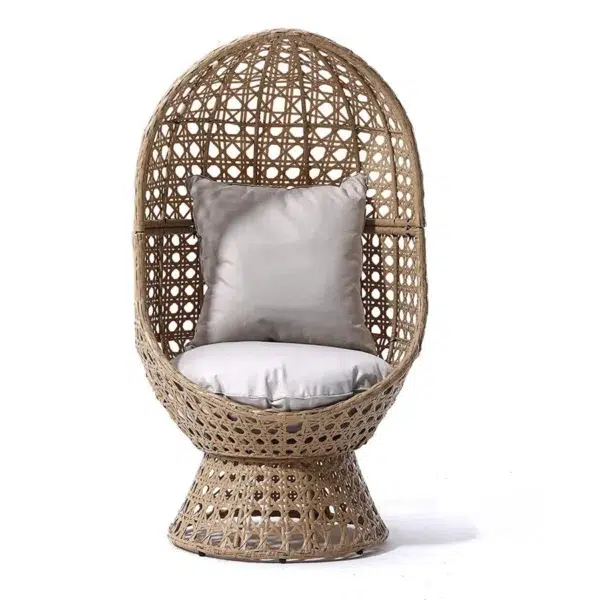 Beige rattan wicker cocoon chair with a comfortable cushion for outdoor patio or garden