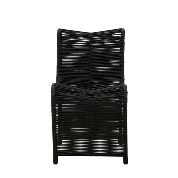 Two modern outdoor rope patio chairs with metal frames and woven seats, perfect for garden or balcony seating.