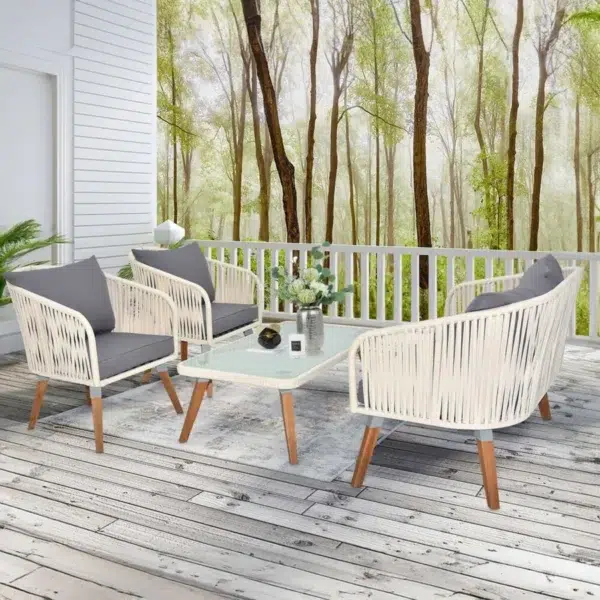 Outdoor Rope 4-Piece Sofa Set in White & Grey with Cushions and Coffee Table for Patio or Garden