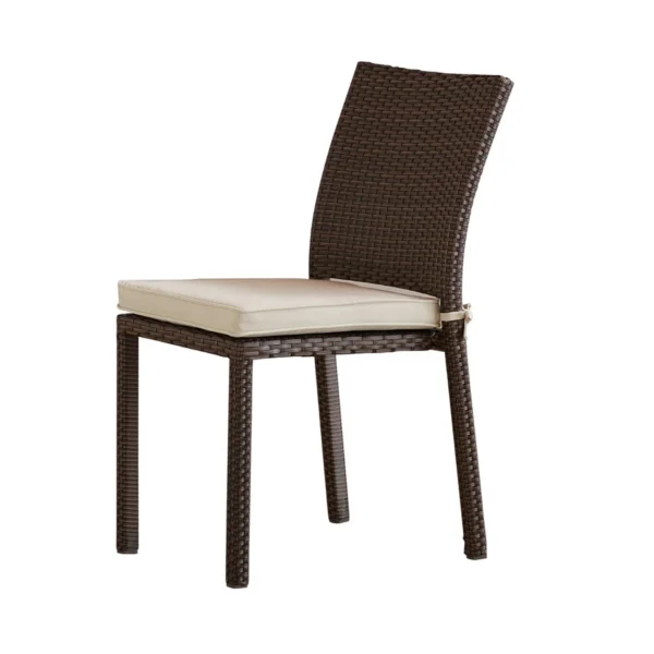 Outdoor rattan wicker patio dining chair with sturdy metal frame and comfortable cushion for garden or balcony use.
