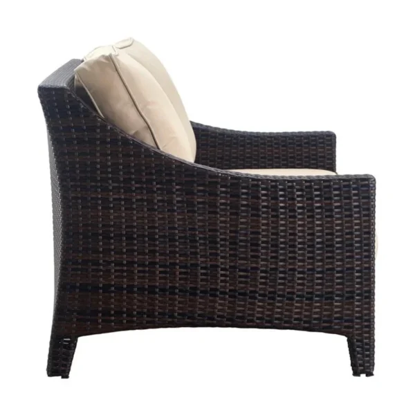 Stylish outdoor rattan wicker loveseat sofa with soft cushions, perfect for patio or garden seating.