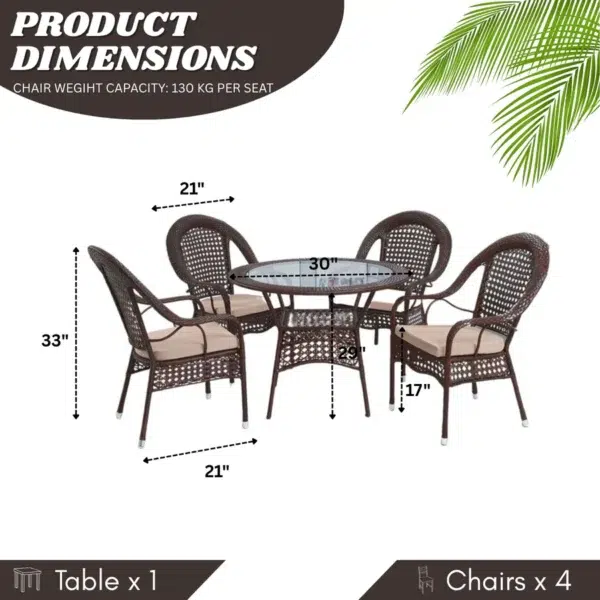 Outdoor all-weather rattan wicker 5-piece dining set with glass-top table and cushioned chairs for patio or garden