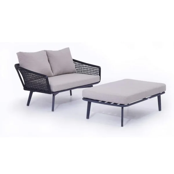 2-piece outdoor rope loveseat sofa with matching ottoman on a patio, featuring weather-resistant cushions