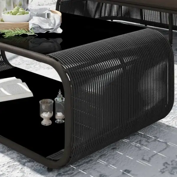 Modern Outdoor Braided Rope Sofa Set with Cushions and 2-Tier Glass Top Coffee Table