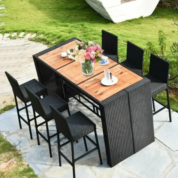 LOCCUS 7-Piece Outdoor Rattan Wicker Bar Set with Wooden Top Table - Image 4