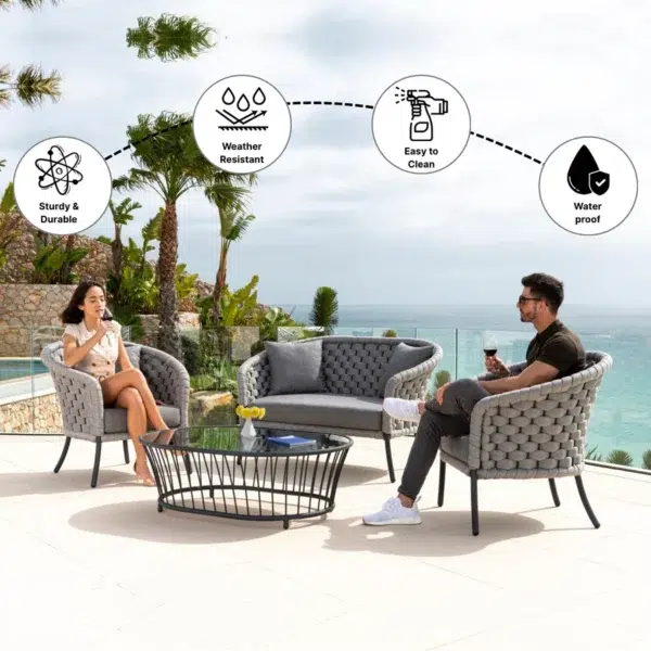 Outdoor Grey Rope 4 Piece Patio Sofa Set with Dark Grey Cushions for garden, balcony, deck, or poolside seating