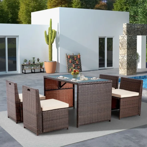 5-Piece Outdoor Patio Dining Set with square tabletop and cushioned chairs for garden, backyard, or balcony use