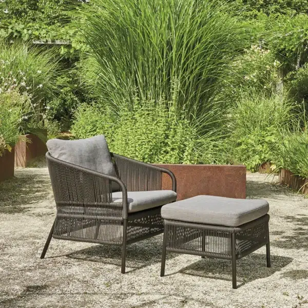 Grey 2-piece rope patio sofa set with plush cushions on a wooden deck, perfect for outdoor lounging.