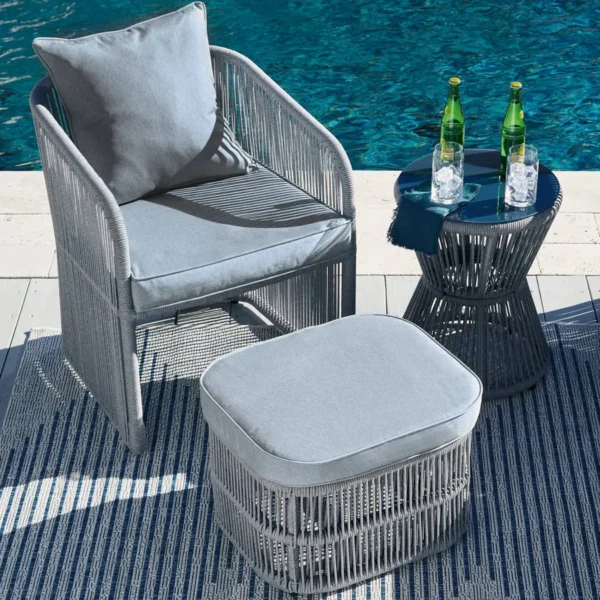 Grey 3-piece outdoor rope patio sofa set with cushions on a wooden deck
