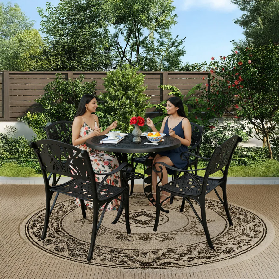 Outdoor 5-piece cast aluminium patio bistro set in black with round table and four chairs for garden or balcony use