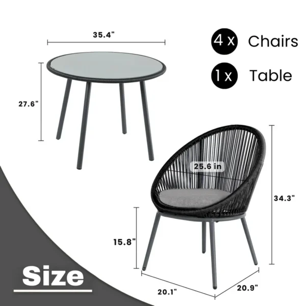 5-piece outdoor patio dining set with modern rope chairs and rectangular dining table, ideal for garden, balcony, or backyard.