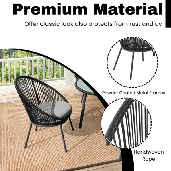 5-piece outdoor patio dining set with modern rope chairs and rectangular dining table, ideal for garden, balcony, or backyard.