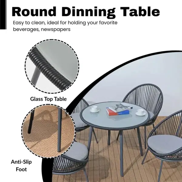 5-piece outdoor patio dining set with modern rope chairs and rectangular dining table, ideal for garden, balcony, or backyard.