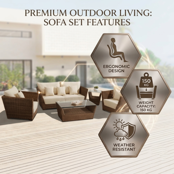 LOCCUS 5-Piece Outdoor Wicker Sofa Set With 2-Tier Glass Top Tables - Image 5