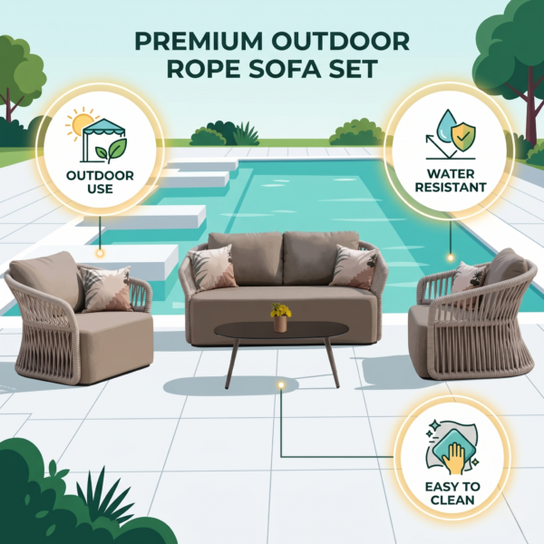 4-Piece Outdoor Braid & Rope Sofa Set (Beige & Dark Cream) - Image 4