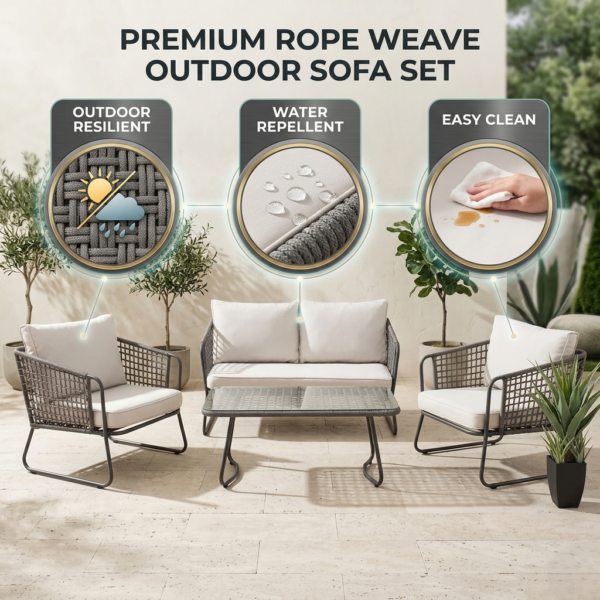 LOCCUS 4 Piece Outdoor All-Weather Rope Sofa Set - Beige - Image 2