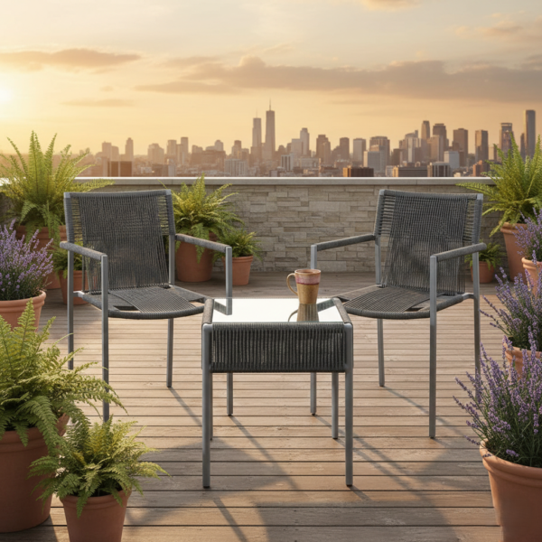 LOCCUS Outdoor Rope Patio Set with Glass Top Table and Cushions for Garden, Deck, Lawn, Poolside, Porch, Balcony - Grey