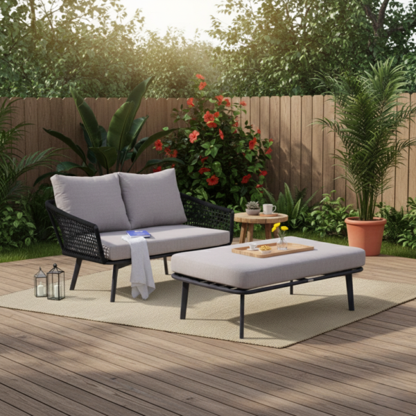 LOCCUS 2-Piece Rope Waterproof Outdoor Furniture Set – Double Seater Sofa with Ottoman for Garden, Balcony, Patio & Indoor Use (Black &  Grey)