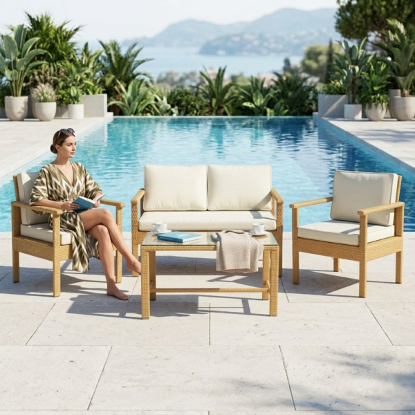 LOCCUS 4 Pieces Patio Furniture Set, Outdoor Sectional Sofa - Beige & Off-white