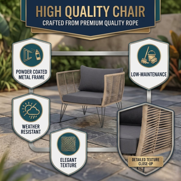 LOCCUS Outdoor Rope 1 Piece Patio Single Seater Sofa - Beige - Image 5