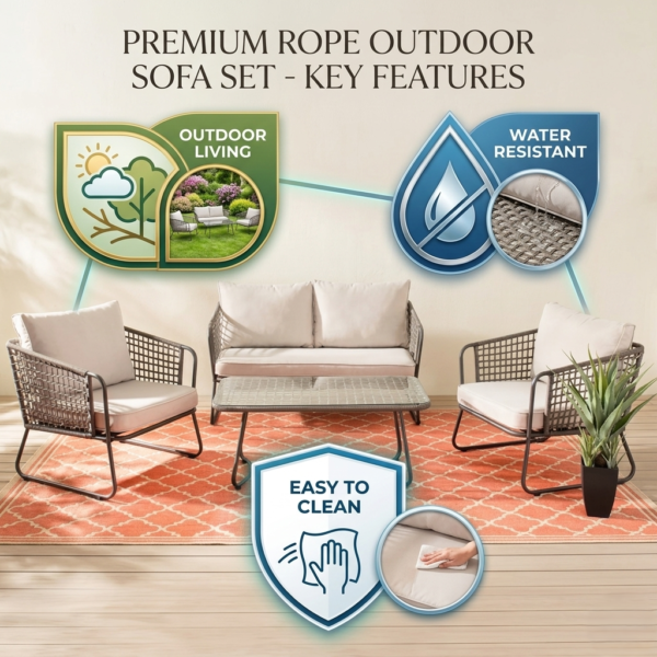 LOCCUS 4 Piece Outdoor All-Weather Rope Sofa Set - Beige - Image 4