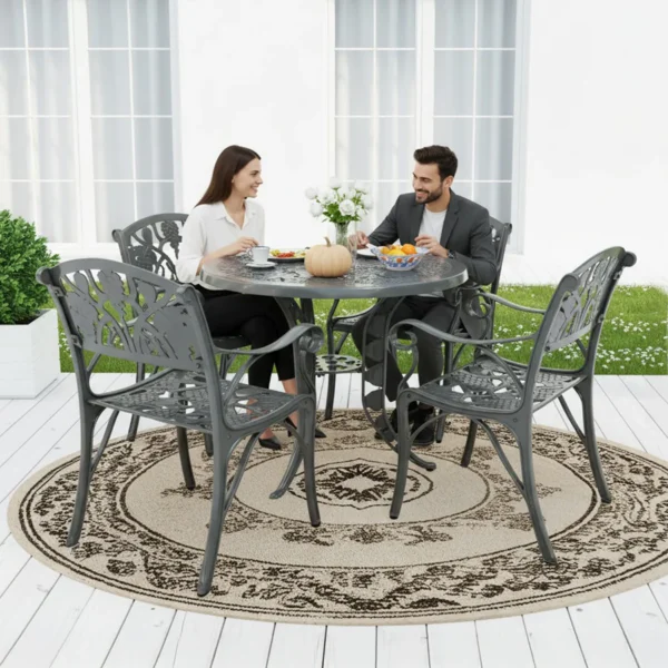 Outdoor Cast Aluminium 5-Piece Patio Bistro Set in grey with round table and four chairs for garden or patio use.