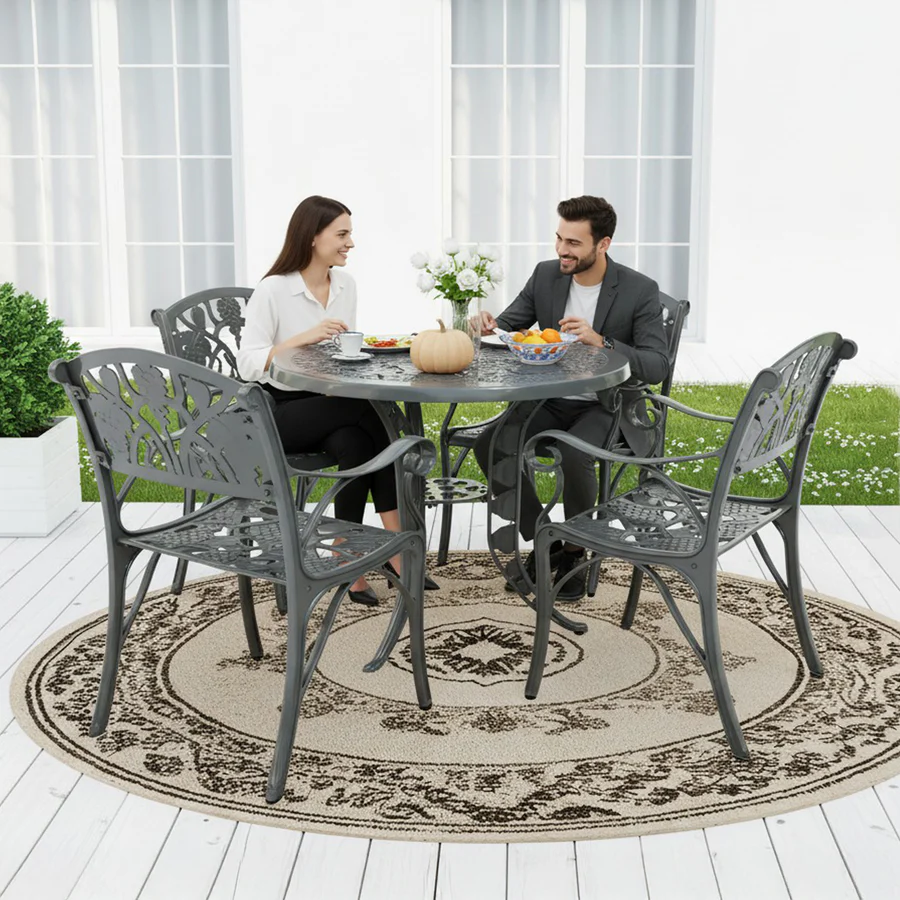 Outdoor Cast Aluminium 5-Piece Patio Bistro Set in grey with round table and four chairs for garden or patio use.