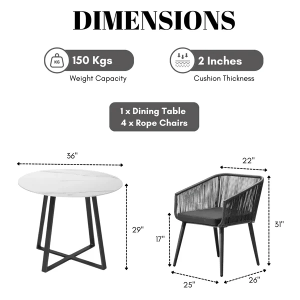 Alt Text: 5-piece outdoor patio dining set with rope chairs and marble-top table on a terrace