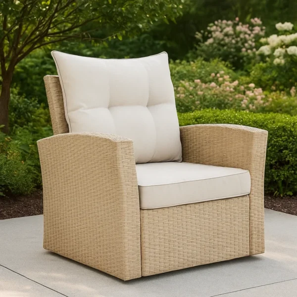 Outdoor all-weather wicker single seater sofa with comfortable cushions for patio or balcony seating.