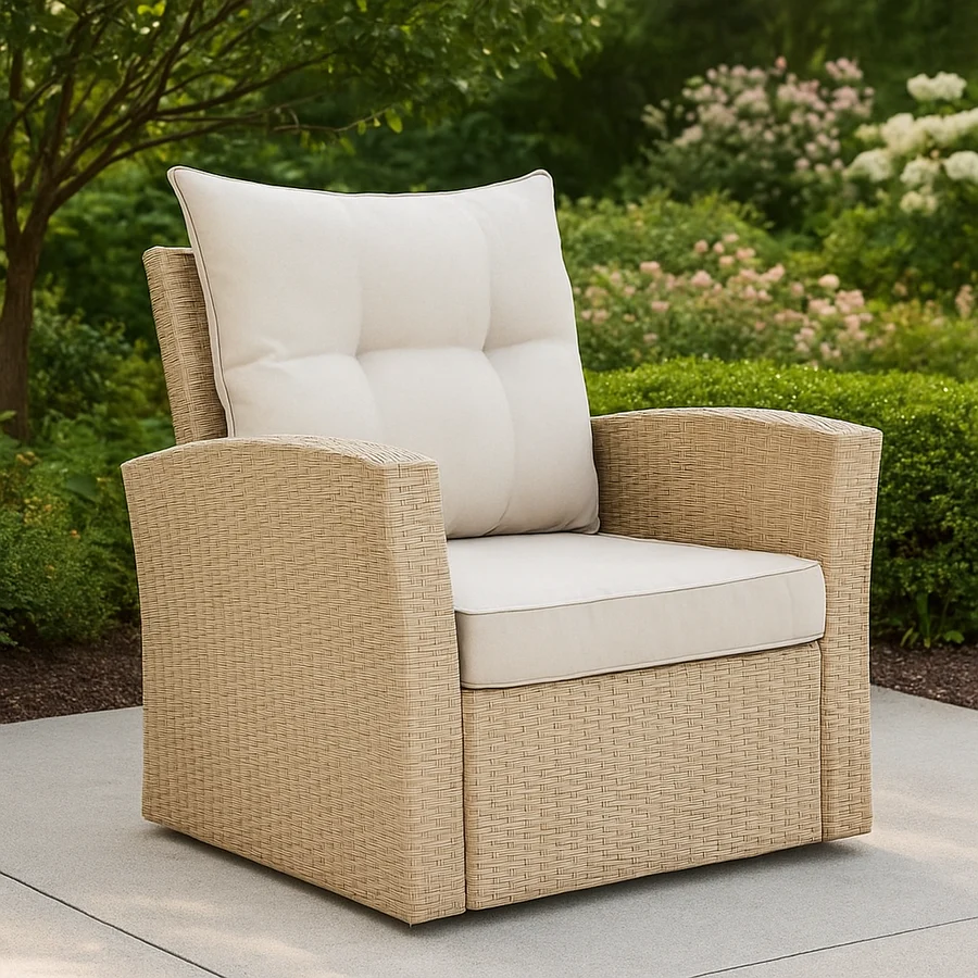 Outdoor all-weather wicker single seater sofa with comfortable cushions for patio or balcony seating.