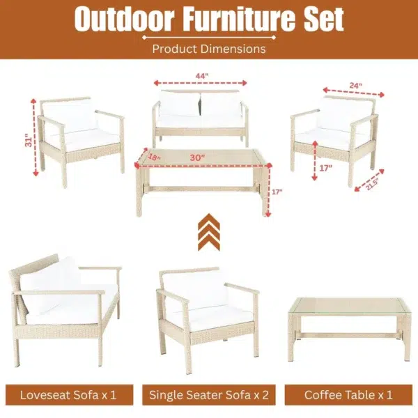 4-Piece Outdoor Patio Furniture Sectional Sofa Set with Cushions and Coffee Table