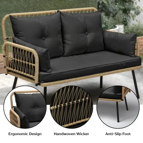 “Stylish outdoor rattan wicker loveseat sofa with soft beige cushions on a patio setup”
