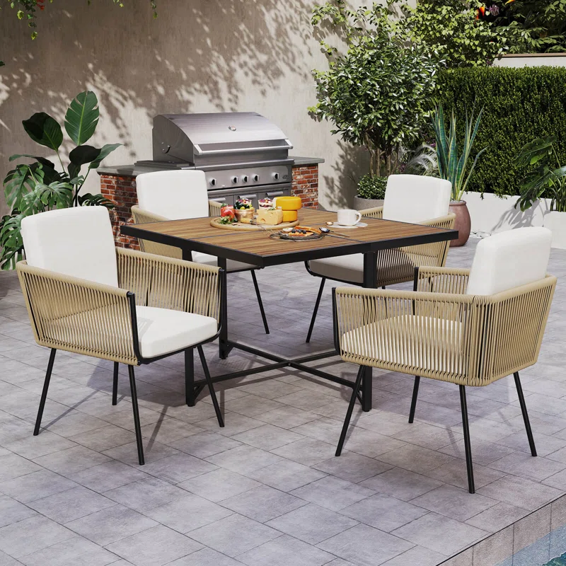 Modern 6-seater wooden dining set with cushioned chairs and polished tabletop
