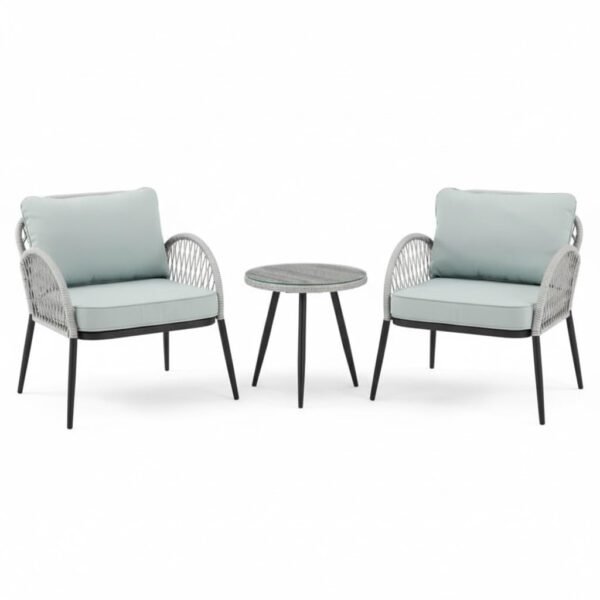 LOCCUS 3-piece patio furniture set with silver wicker chairs, blue cushions, and glass-top table for balcony or garden.