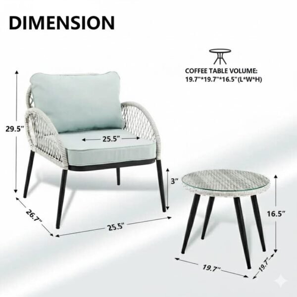 LOCCUS 3-Piece Patio Bistro Set – Outdoor Woven Rope Balcony Furniture with Cushioned Chairs & Glass Top Table - Beige & White - Image 5