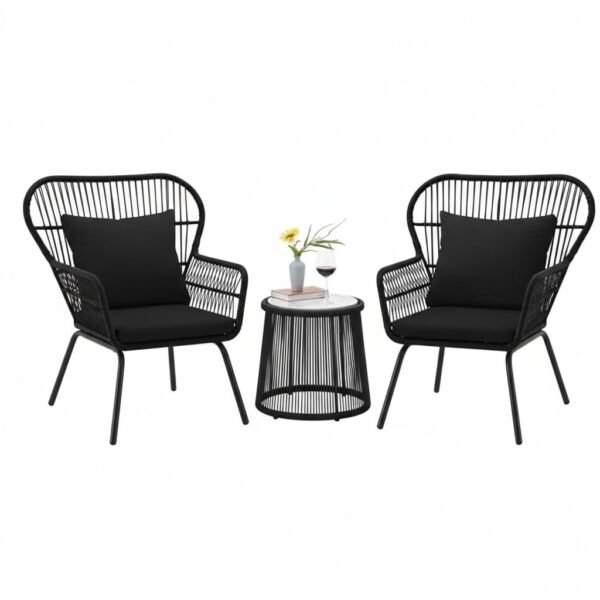 LOCCUS 3-piece black rope patio furniture set with cushioned chairs and tempered glass table for balcony or garden